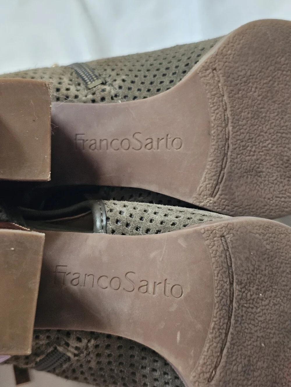 Franco Sarto Olive Suede Perforated Ankle Booties Size 7.5 Block Heel
